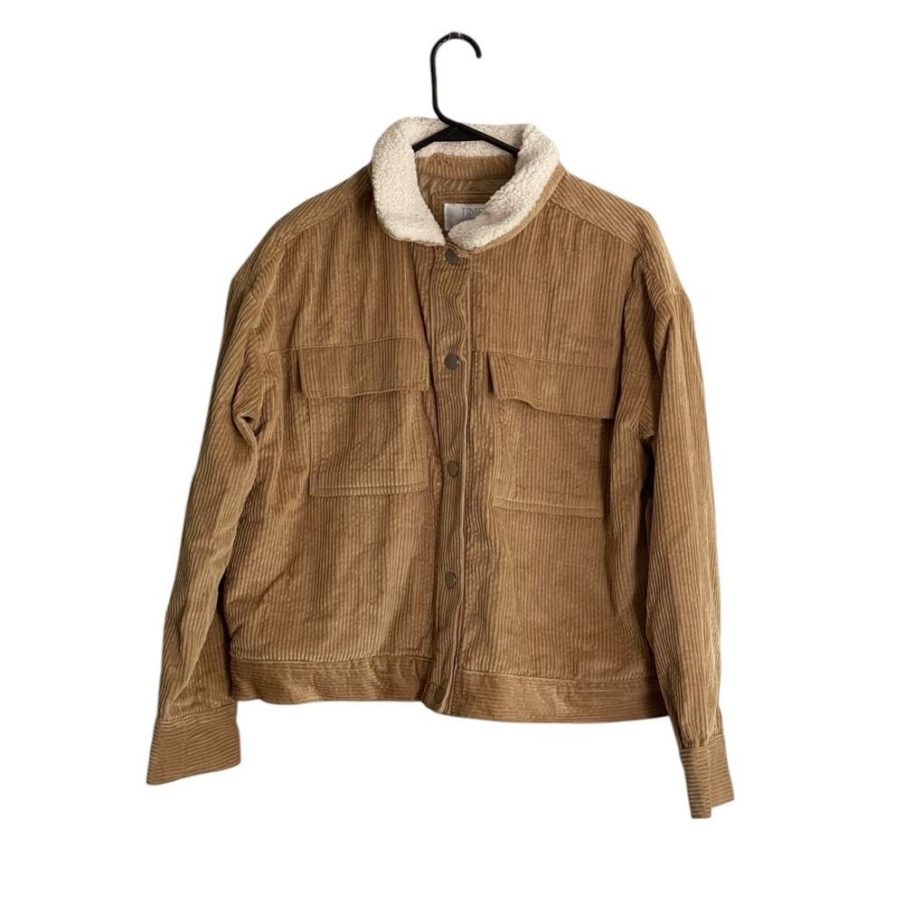 Time and Tru Tan Corduroy Trucker Utility Jacket Large Faux Fur Trim Quilted Y2K